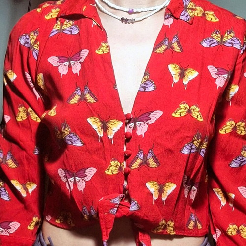 Forever 21 Floral Summer Shirt Red Like New with Butterflies and 3/4 Sleeves