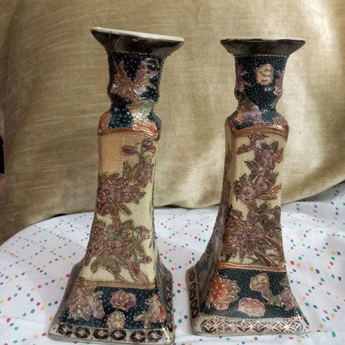 Satsuma porcelain candlesticks set used, 2 pieces