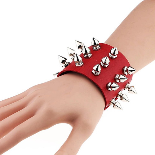 Gothic Metal Style Bracelet with Three Rows of Red Spikes