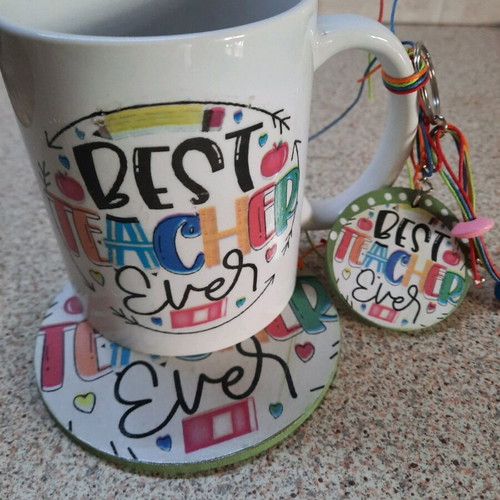 Gift mug for teacher with coaster and keychain, new