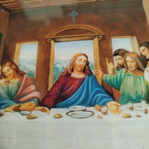 Wooden vintage wall plaque with Last Supper depiction used