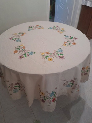 Handmade painted round tablecloth like new with lace