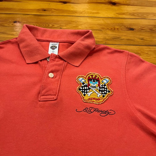 Ed Hardy men's orange polo shirt used with skull backprint