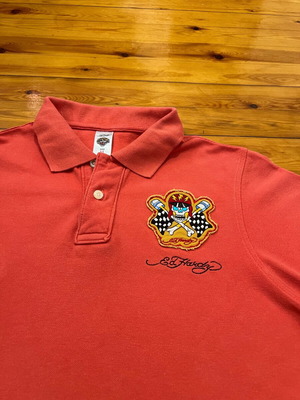 Ed Hardy men's orange polo shirt used with skull backprint