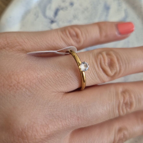 Gold solitaire ring stainless steel with white zircon stone