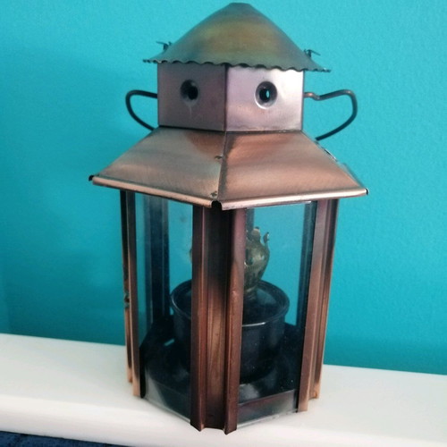 Copper lantern like new, hexagonal with glass panels