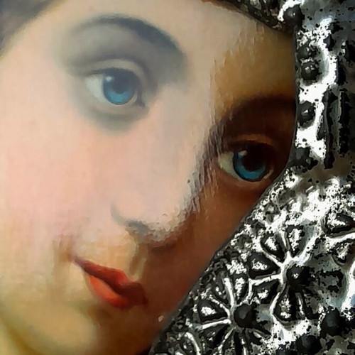 Virgin Mary with Christ Child religious icon with embossed metal riza, early 20th century