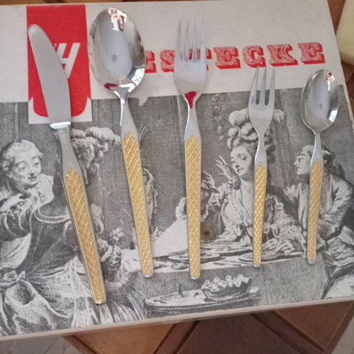 Bestecke cutlery set for 6 people like new, gold-plated stainless steel