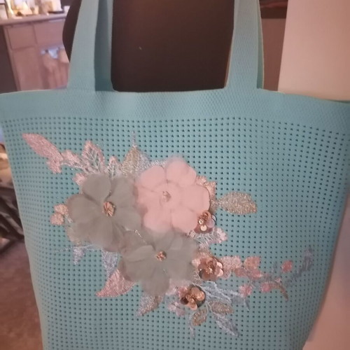 Shoulder bag new, turquoise with embossed embroidery applique