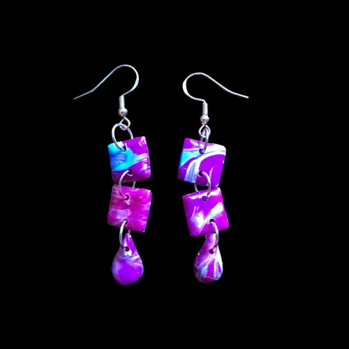 Handmade recycled plastic earrings blue and purple, new