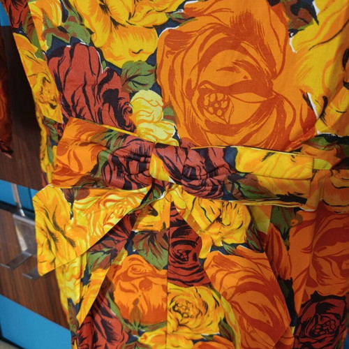 60s vintage floral A-line dress used, orange and red, size L