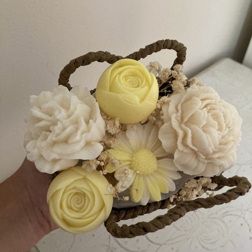 Scented Wax Flower Bouquet in Vintage Basket, new