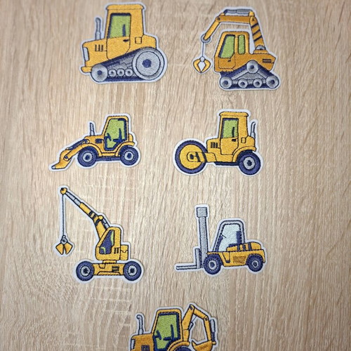 Embroidered iron-on patches with construction vehicles, set of 7, new