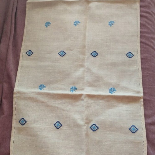 Vintage Handmade Table Linen Set 7 Pieces Linen with Blue Cross Stitch