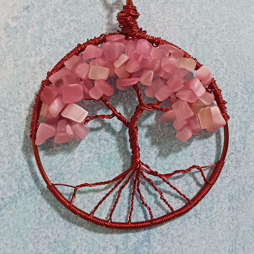 Tree of Life Pendant new with varnished copper wire and pink semi-precious stones