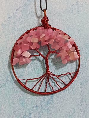 Tree of Life Pendant new with varnished copper wire and pink semi-precious stones