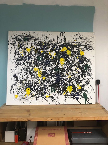  monternos pinakas zografikis se stil Jackson Pollock, akriliko se tellaro kamva, thessaloniki, diastasi 120ch100. kallitechnis Carl Key, Austria. 600€.