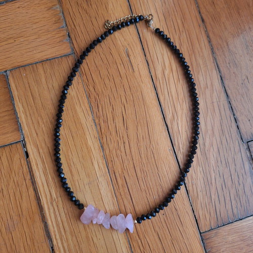 Handmade necklace with black crystals and rose quartz made to order