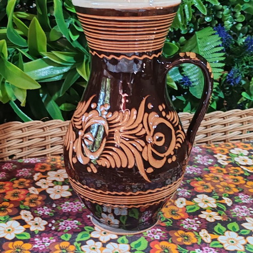 Vintage pottery jug with floral sgraffito decoration, 22 cm