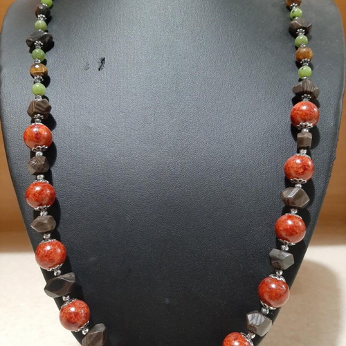Necklace with coral, bronzite, jade, tiger's eye and jasper in 925 silver new