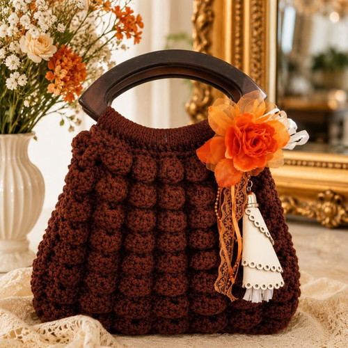 Cinnamon Elegance Handmade Brown Handbag with Wooden Handle