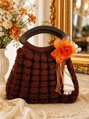 Cinnamon Elegance Handmade Brown Handbag with Wooden Handle