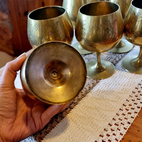 Set of 6 used vintage brass brandy glasses 1950s