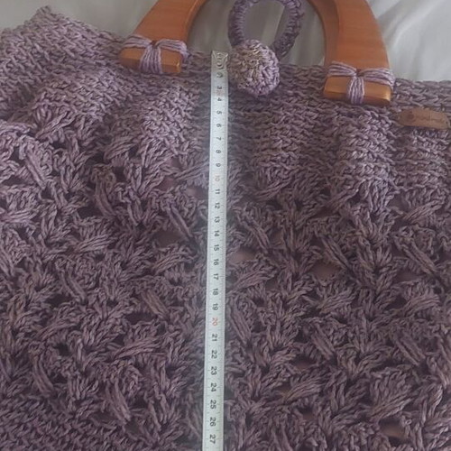 Crochet bag with wooden handles like new, purple shade