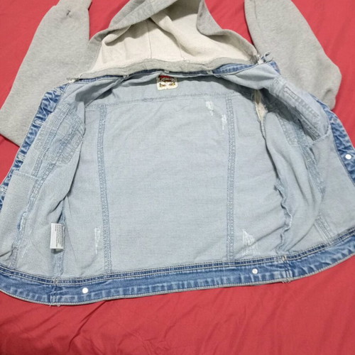 Denim jacket used with fabric sleeves and hood, size S