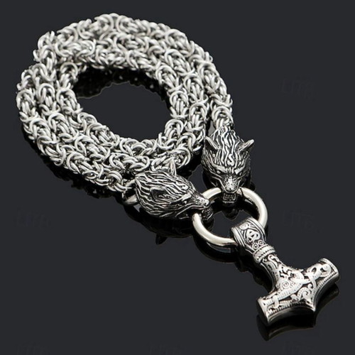 Viking Thor's Hammer Necklace Mjölnir with Wolf Heads new, silver