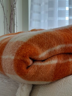 Wool blanket used, orange checkered bicolor