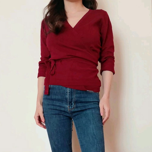 Burgundy wrap blouse like new, size M