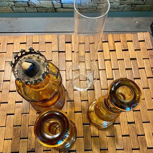 Kerosene lamp and 2 candlesticks set used, French vintage