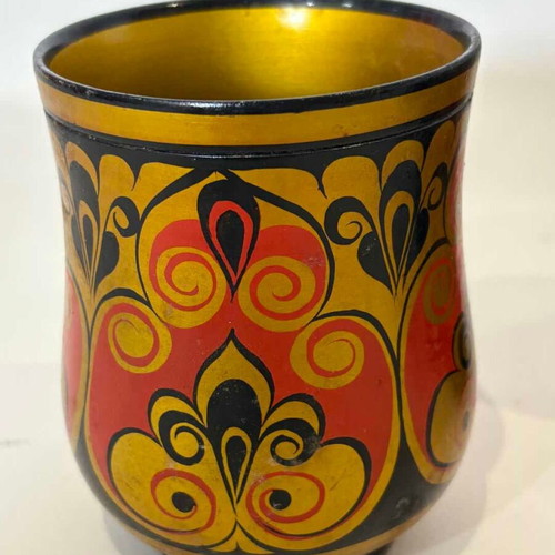 Set of 4 vintage Russian wooden glasses used, hand-painted