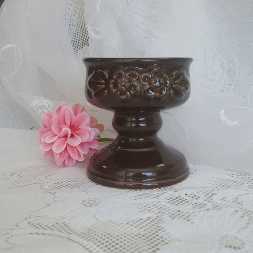 Rosa Ljung vintage ceramic candle holder used, brown floral relief
