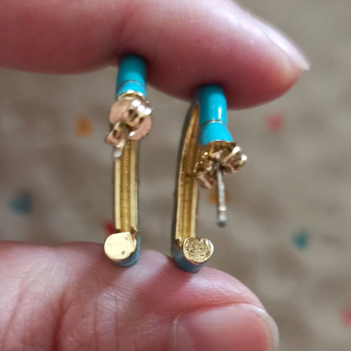 Heart-shaped steel earrings in turquoise and gold color, like new