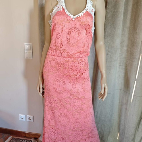 Vintage lace dress coral pink S/M
