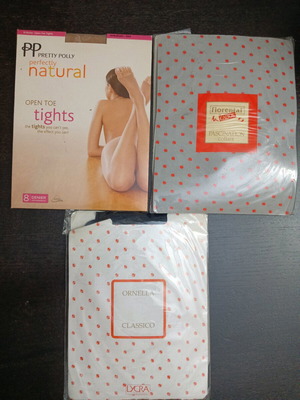 Tights set of three new, 2 blue, 1 beige with open toes