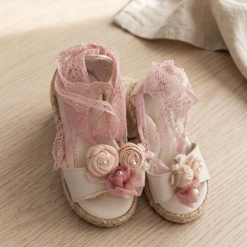Baby sandals size 19 like new with fabric roses and pink lace