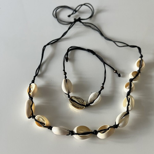 Shell necklace and bracelet set with black cord, like new