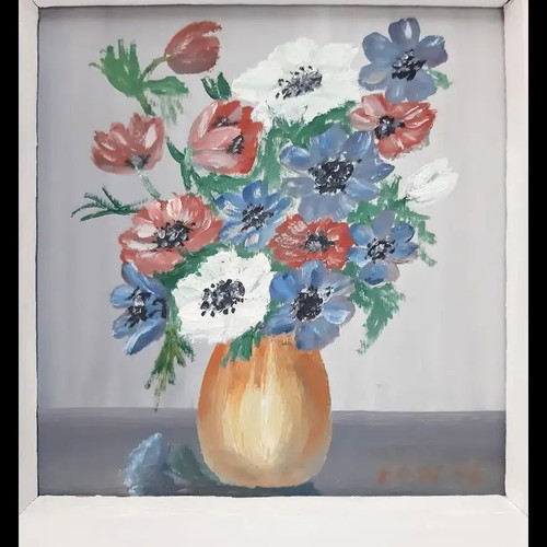 Vintage Scandinavian painting flowers in vase signed K.G.V.46 used