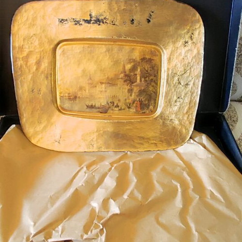 Glass gilded tray with Constantinople depiction, new