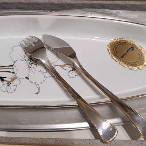 Giorinox serving platter set used, inox and porcelain