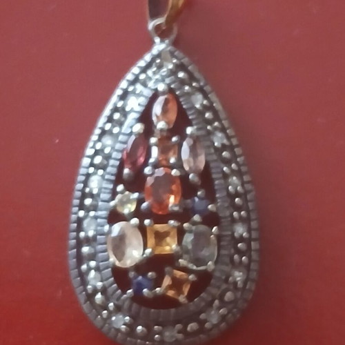 Pendant with semiprecious stones and diamonds, 925 silver and 9k gold ring