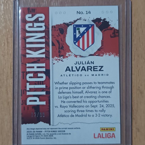 Julián Alvarez 2025-26 Panini Pitch Kings Soccer card Purple Parallel 12/99 Atlético de Madrid