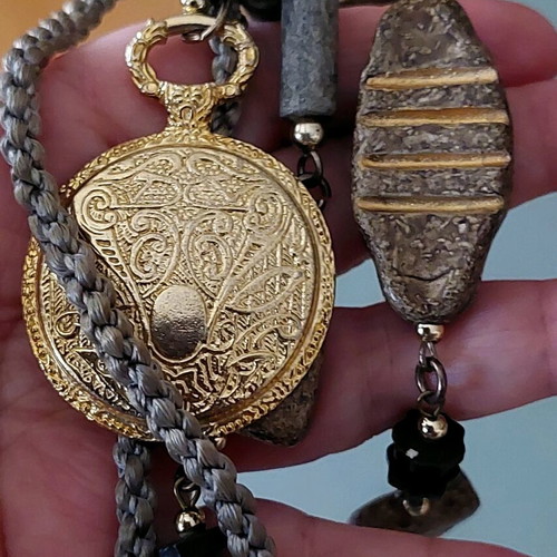Vintage handmade boho necklace with pocket watch pendant and ceramic stones like new
