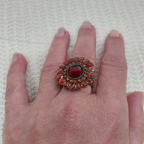 Vintage brass ring with amber glass beads, adjustable