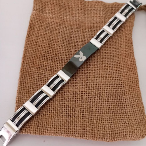 Men's stainless steel bracelet and matching ring with bunny logo