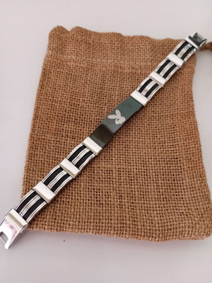 Men's stainless steel bracelet and matching ring with bunny logo
