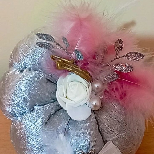 Handmade Large Velvet Pumpkin Lucky Charm 2026 in Silver Metallic Color
